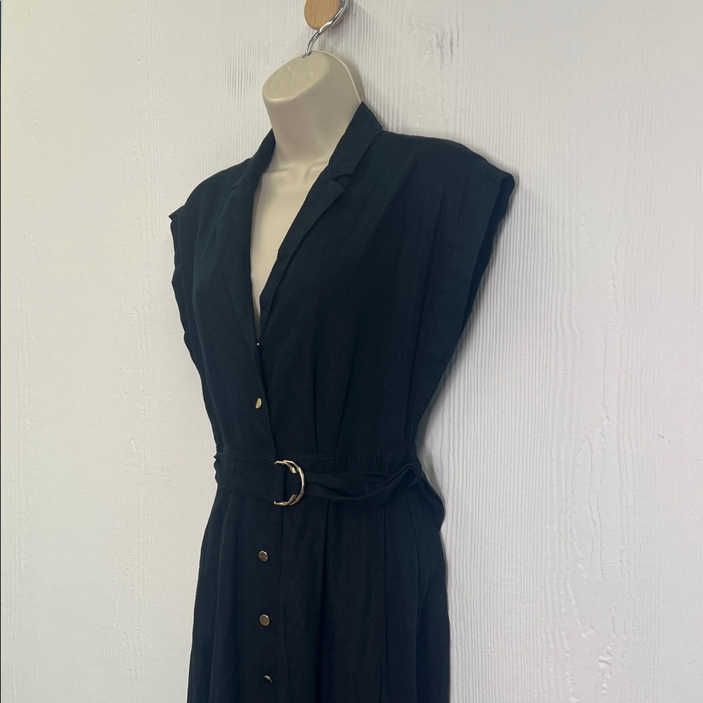 Zara - Black Linen Blend Short Sleeve Golden Button Belted Maxi Dress Size Small - Picture 5 of 10